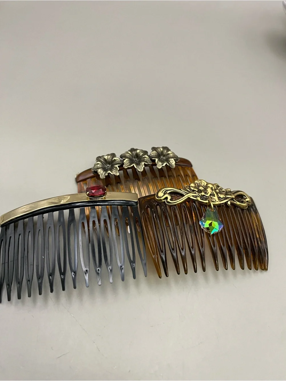 Vintage Lot of 3 Ornate Hair Combs | Gold Tone Floral Crystal Rhinestone